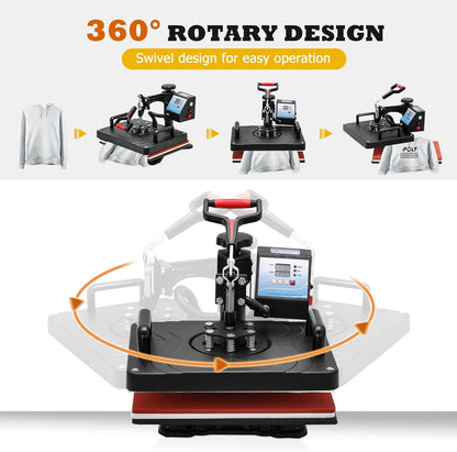 5-in-1 Heavy Duty HeatPress Machine | 2026 Model| Digital LCD Display, Swing Away Design |360° Rotation | Sublimation And Vinyl Transfer Printing Machine | DTF Printing | 12*15 INCH PLATEN | Multifunctional use T-Shirts, Mugs, Hats & Plates and More|
